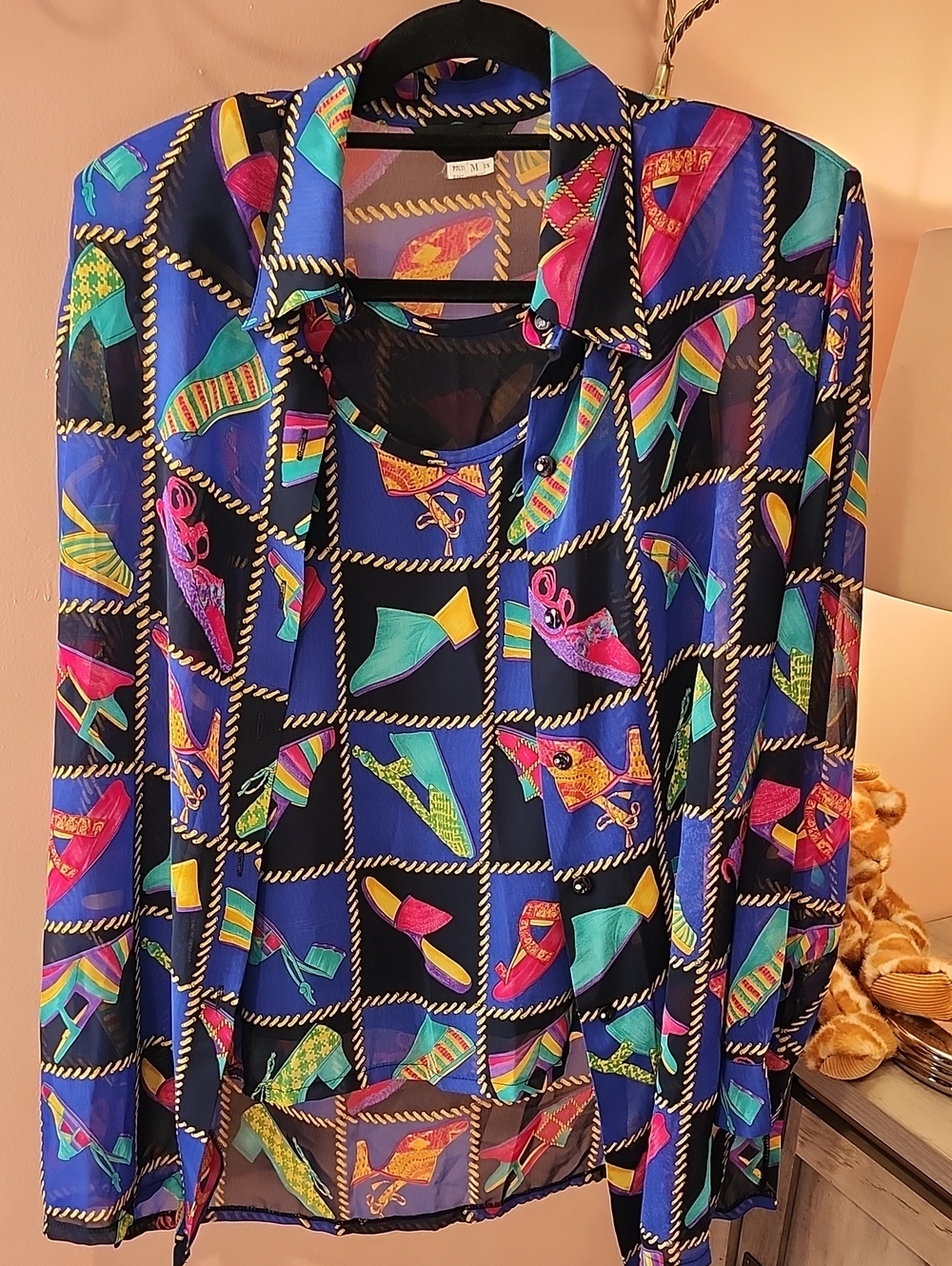 Amber Dawn Vintage-Inspired Blue Sheer Button-Up Top w/ Multicolor Shoe Print